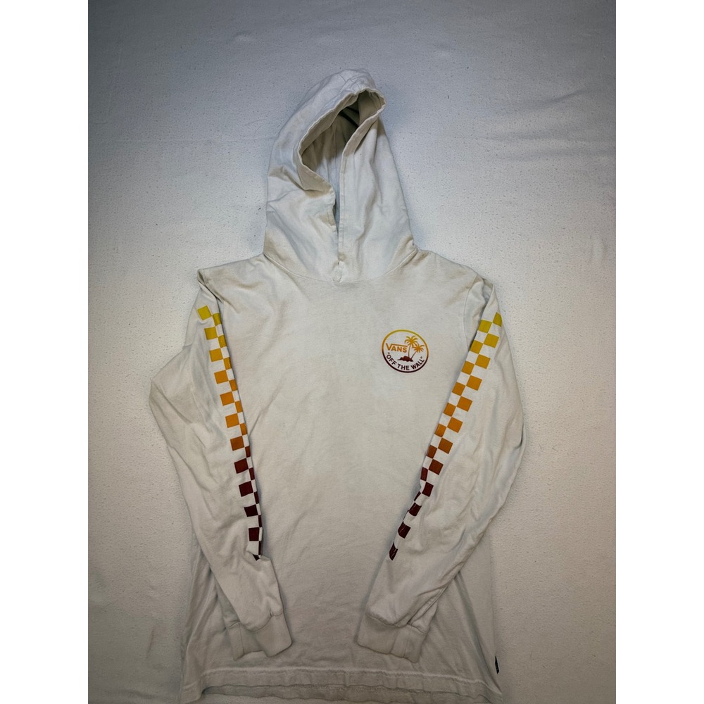 VTG Vans Hooded Long T-Shirt‎ Mens Small White Off The Wall Checkerboard